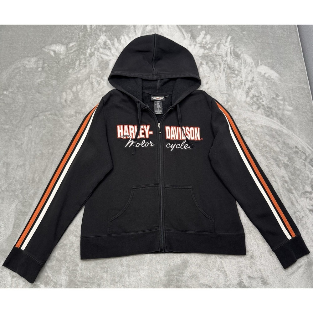 Harley Davidson Hoodie Jacket Womens‎ XL Zip Embroidered Stripe Biker Spellout